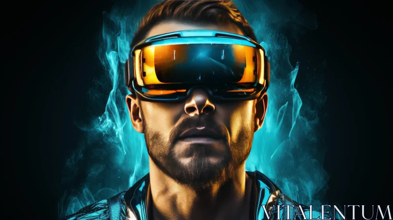 AI ART Virtual Reality Man with Glowing Lens and Fire-like Aura