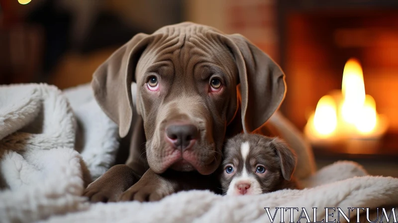 Brown Dog and White Puppy Portrait by Fireplace AI Image