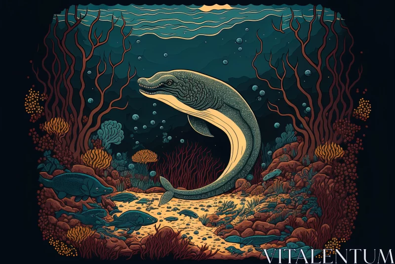 Darkly Detailed Sea Poster with Swimming Dolphin - Psychedelic Illustration AI Image