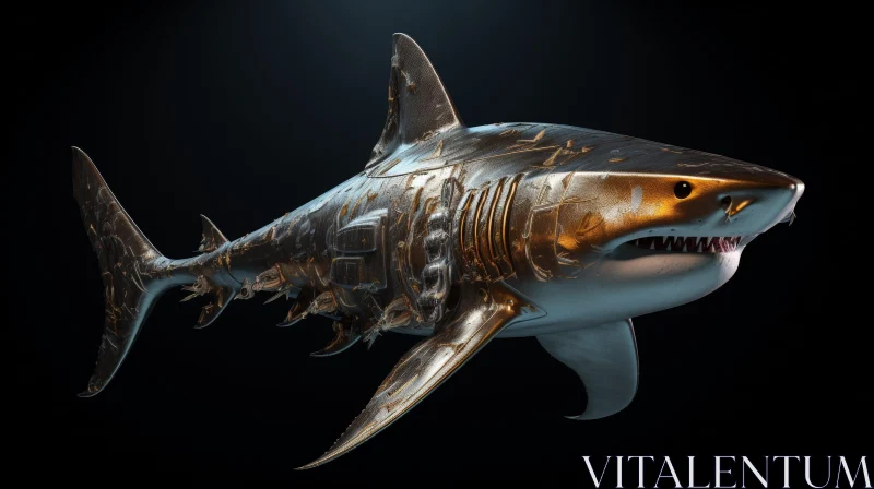 AI ART Golden Steampunk Shark in Dark Blue Ocean
