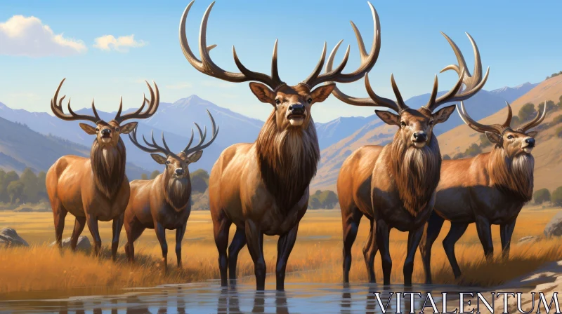 AI ART Majestic Elk in River Against Snowy Mountains