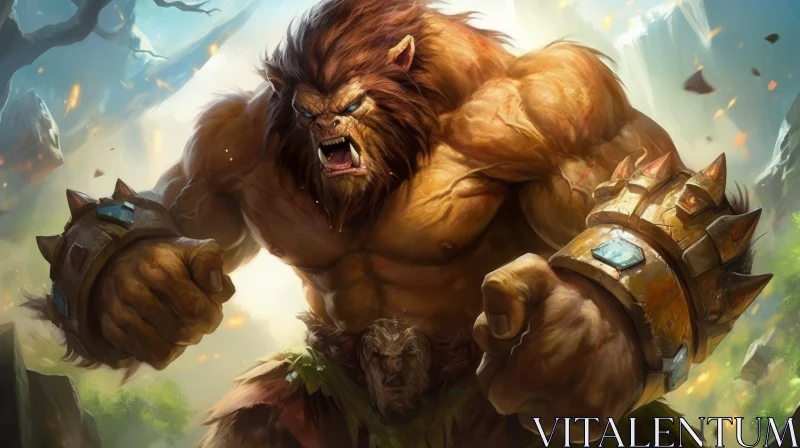 Muscular Lion-Like Creature Digital Painting in Forest AI Image