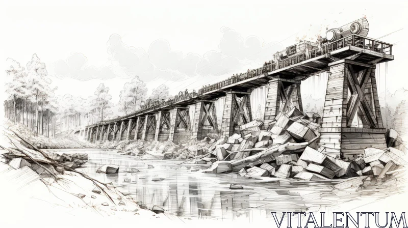 Wooden Bridge Pencil Drawing Over River with Train and Trees AI Image