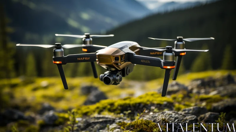 Black and Gold Drone Flying Over Rocky Hilltop AI Image