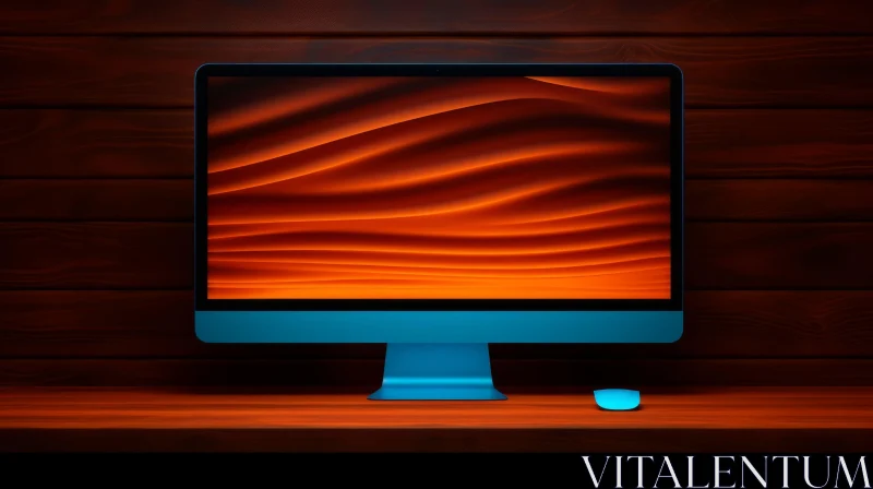 AI ART Blue Desktop Computer on Wooden Table with Orange Waves Screensaver