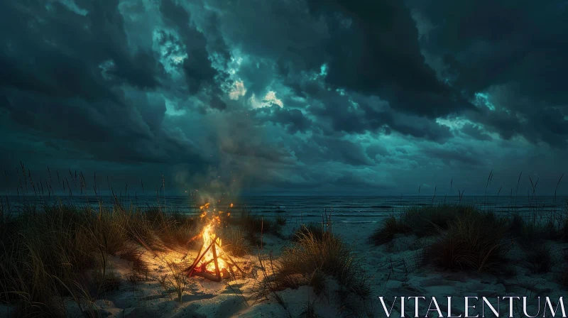 Bonfire on Beach at Night AI Image