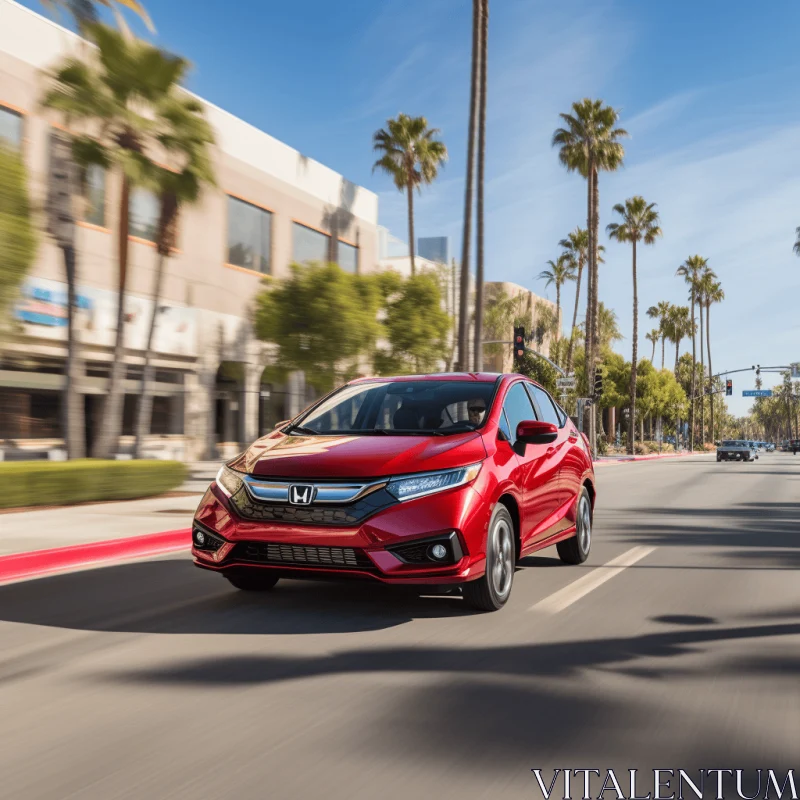 Captivating Red Honda Fit Driving Down City Street with Palm Trees AI Image