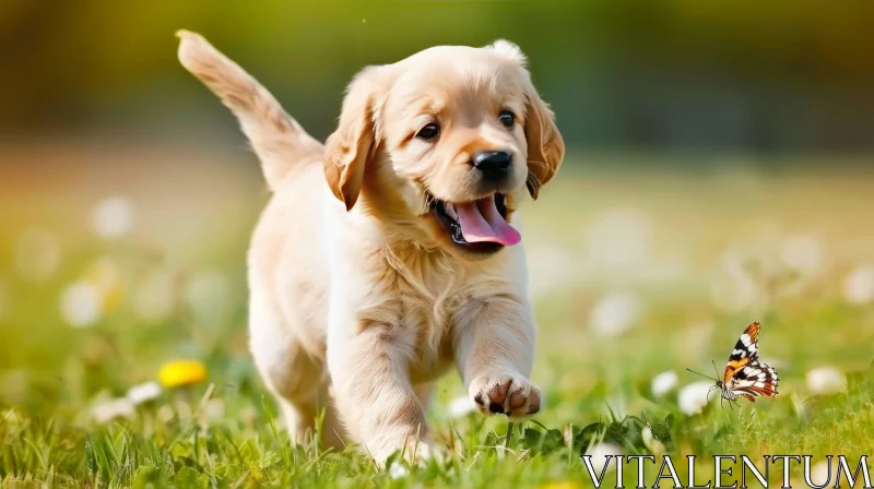 Playful Golden Retriever Puppy in Green Field AI Image