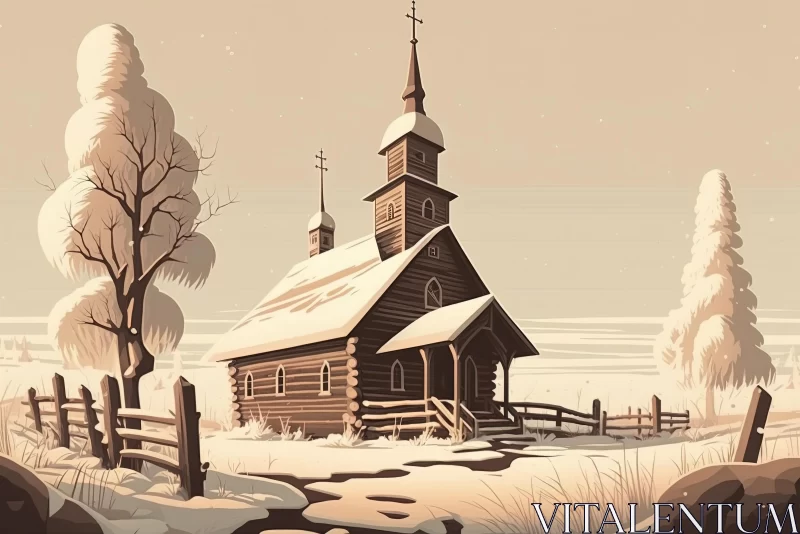 Winter Landscape: Hand-drawn Church Illustration in Muted Earth Tones AI Image