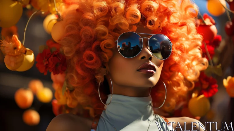 Young Woman with Orange Wig and Sunglasses among Flowers AI Image
