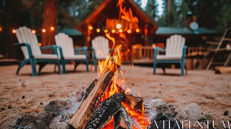 Bonfire and Wooden House with Trees AI Image