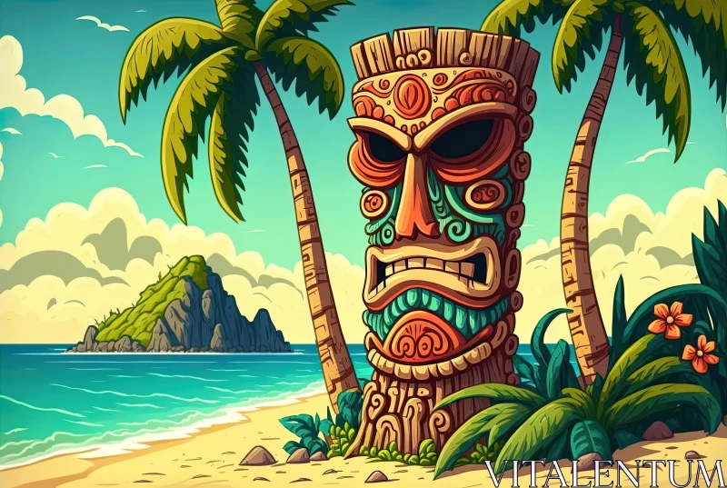 AI ART Cartoon Tropical Scene with Tiki Totem on the Beach - Vector Illustration