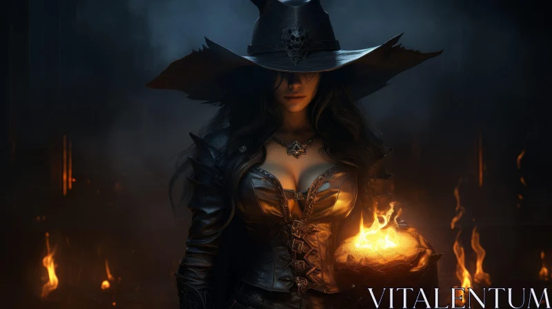 AI ART Dark Mystery: Woman with Skull Lantern in Fire-lit Room