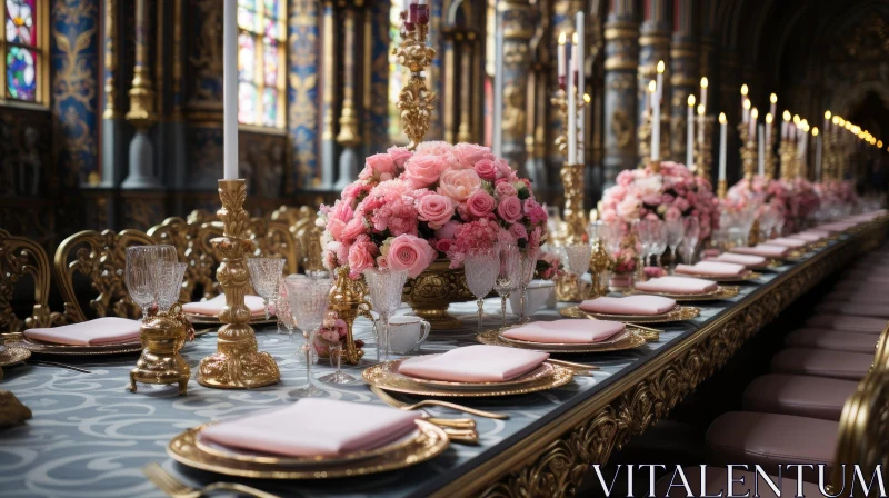 Elegant Dining Table Decor with Pink and Gold Accents AI Image