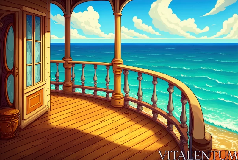 Enchanting Ocean View from a Balcony - Whimsical Cartoon Compositions AI Image