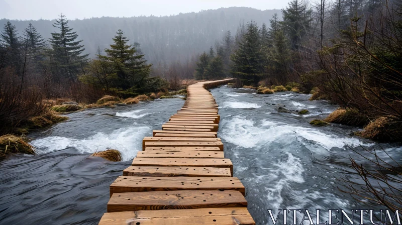 Enchanting Wooden Footbridge Over Rushing River AI Image