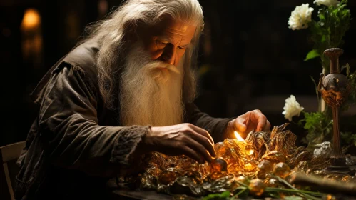 Enigmatic Elderly Man with Gold Coins and Candle