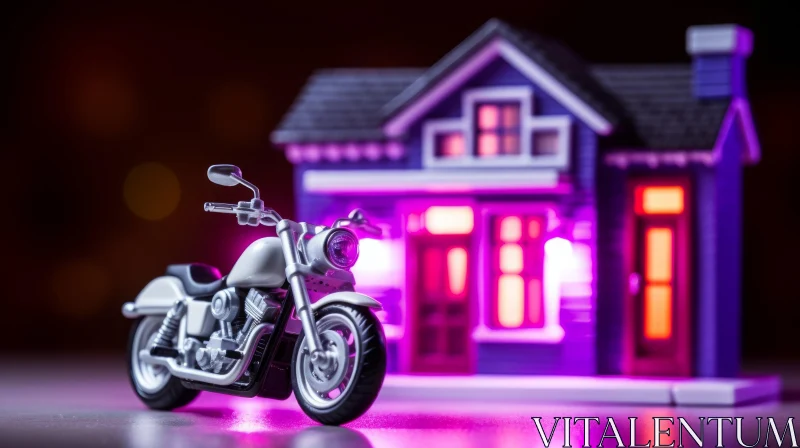 Glowing Purple Toy House with Motorcycle - Table Setting AI Image