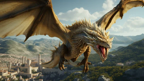 Golden Dragon Flying Over Medieval City