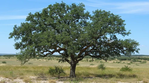 Majestic Oak Tree in Field Under Blue Sky