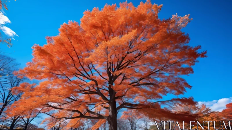 Majestic Tree with Bright Orange Leaves Against Blue Sky AI Image