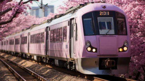 Pink Modern Train in Cherry Blossom Field