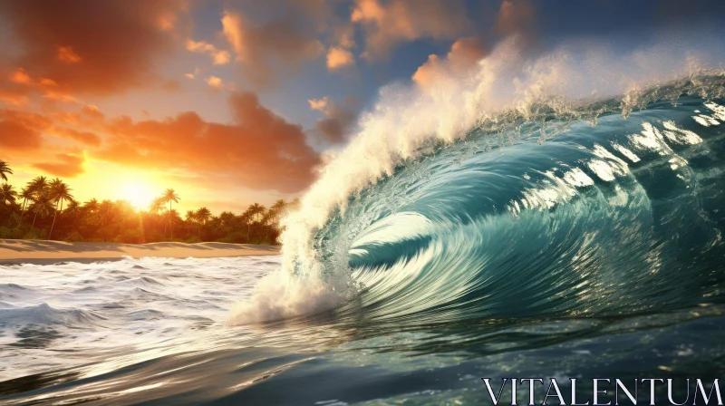 Powerful Wave Crashing on Sandy Beach at Sunset AI Image