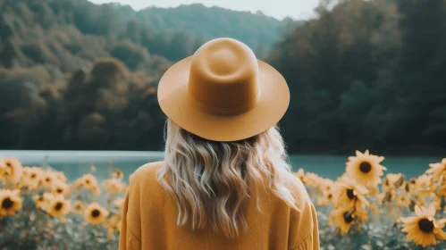 Serene Sunflower Field with Woman in Yellow Hat
