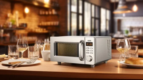 Silver Microwave Oven on Wooden Table