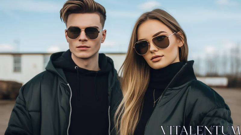 Stylish Couple Outdoors - Fashionable Pair in Sunglasses AI Image