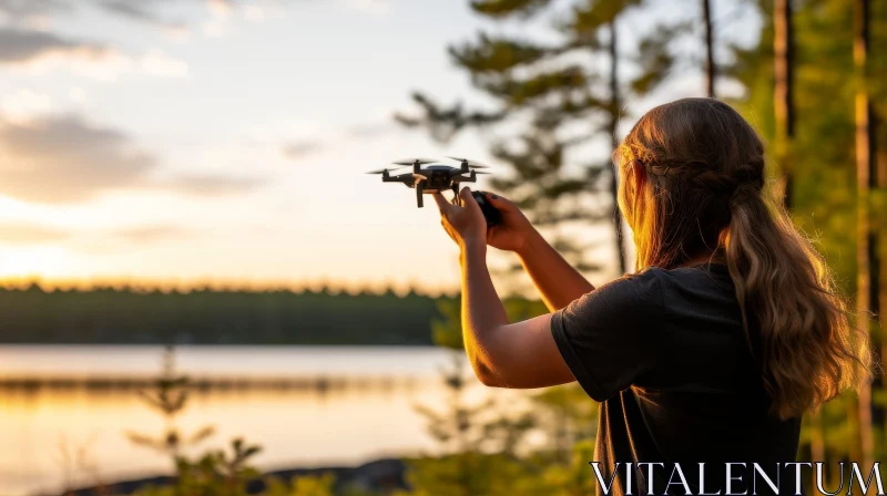Sunset Drone Operation by the Lake AI Image