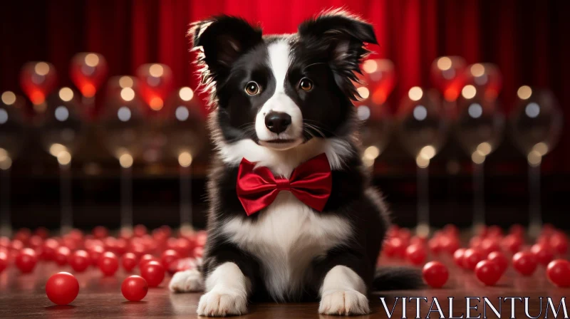 AI ART Adorable Border Collie Puppy with Red Bow Tie