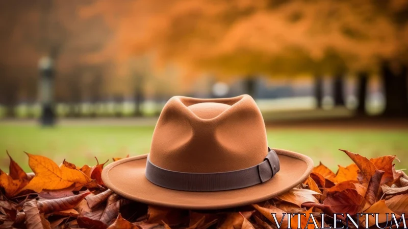Autumn Vibes: Brown Fedora Hat on Fallen Leaves AI Image