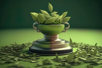 Captivating Silver Trophy with Green Leaves and Potted Plants