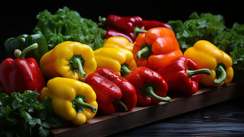 Colorful Bell Peppers Still Life on Wooden Table