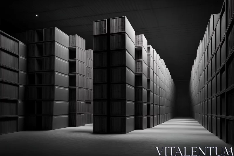 Dark Stacked Boxes in a Mysterious Long Corridor | Transportcore & Cloudcore Style AI Image