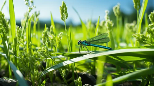 Dragonfly on Grass: A Natural Beauty in Blue and Green