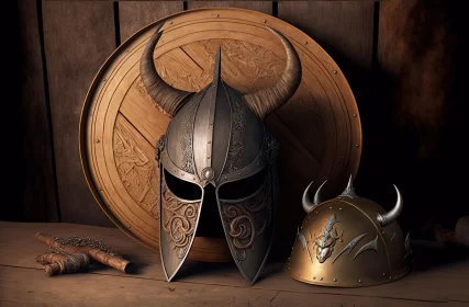 Exquisite Viking Helmet Art: Photorealistic Renderings on Wooden Table
