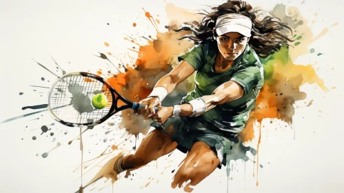 Female Tennis Player Watercolor Painting