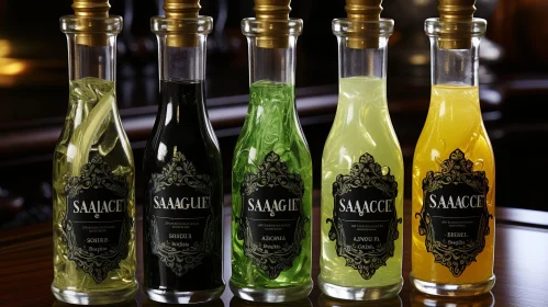 Glass Bottles with Colored Liquids on Wooden Surface
