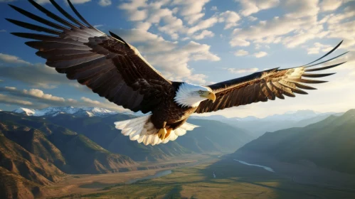 Majestic Bald Eagle Soaring Over Snow-Capped Mountain Range