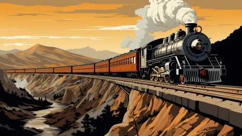 Steam Train Crossing Stone Bridge Over Gorge
