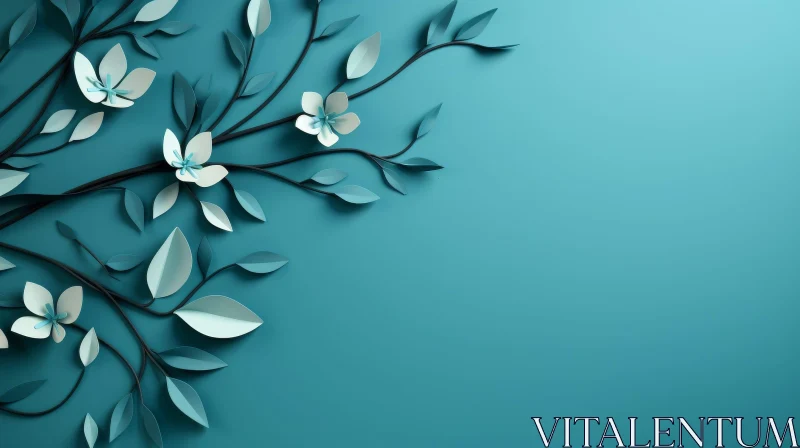 Tree Branch with Leaves and Flowers on Blue Background AI Image