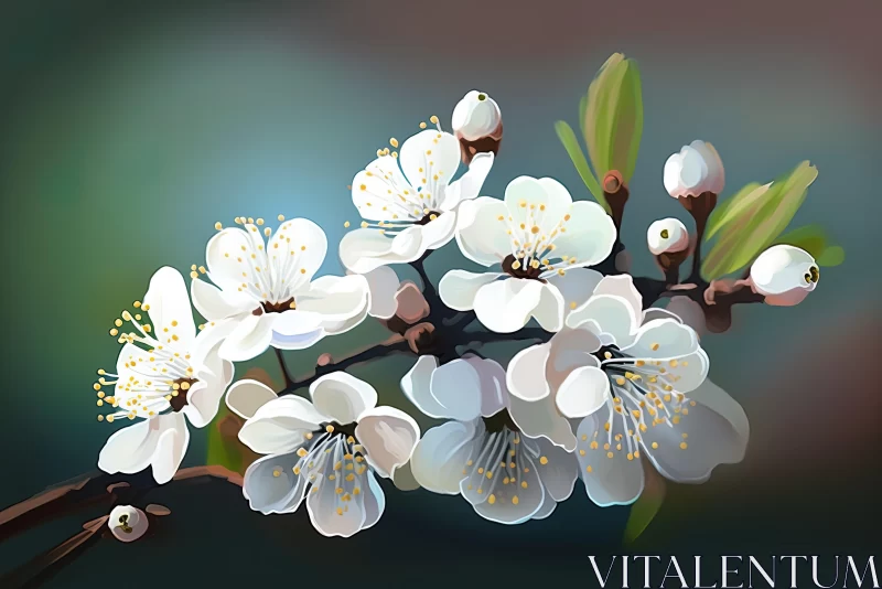 White Blossoms on Branch: Colorful Cartoon Style Art AI Image