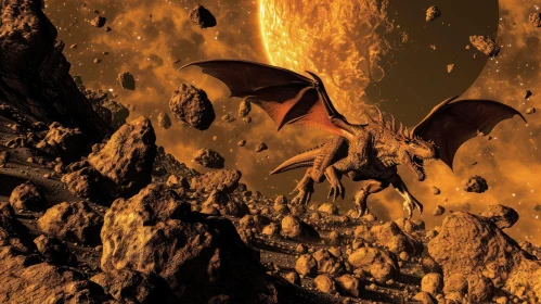 Dragon in Asteroid Field - Fantasy Digital Art