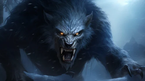 Eerie Werewolf Digital Painting in Snowy Forest