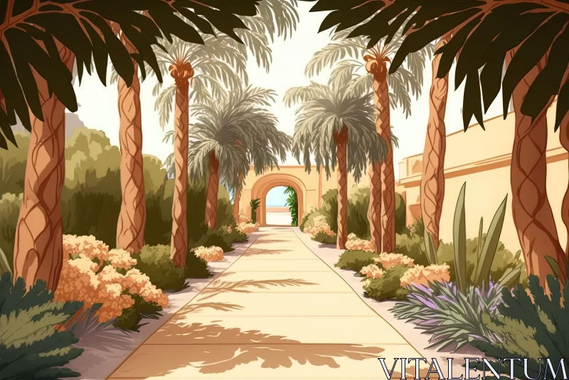 Entrancing Oasis: Vector Illustration of a Garden with Palm Trees AI Image