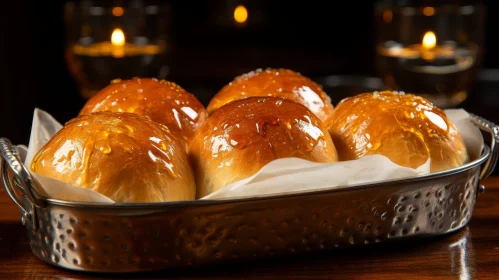 Golden Brown Crusted Bread Rolls in Copper Basket