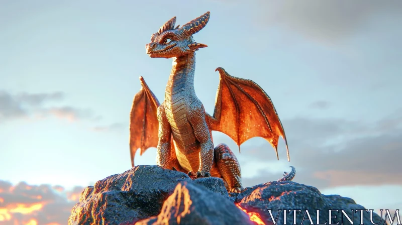 AI ART Golden Dragon 3D Rendering on Rock