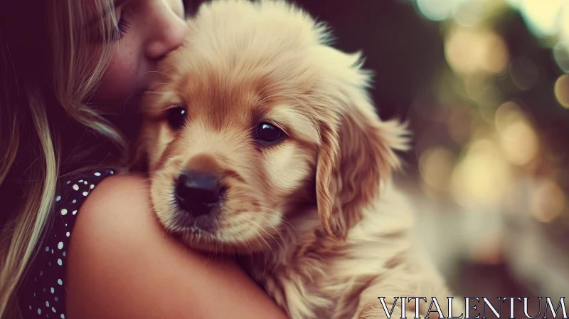 Heartwarming Moment: Woman Hugging Golden Retriever Puppy AI Image